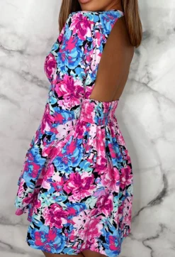 Floral Delight Multi Long Sleeve Open Back Floral Skater Mini Dress