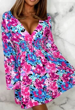 Floral Delight Multi Long Sleeve Open Back Floral Skater Mini Dress