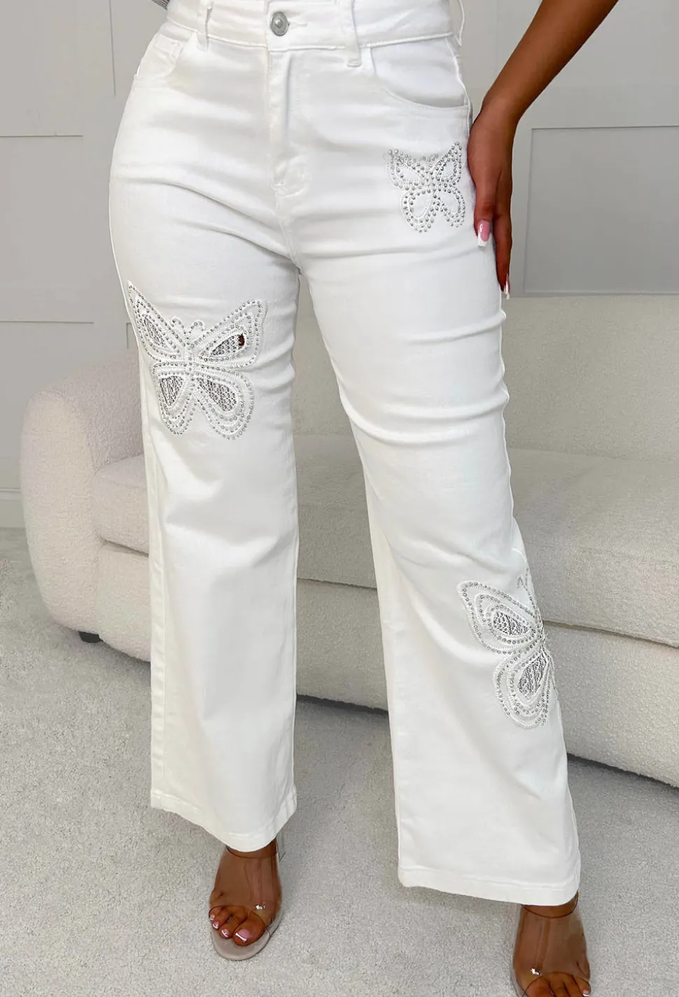 Flutter Effect White Butterfly Sparkling Stretch Straight Leg Jeans
