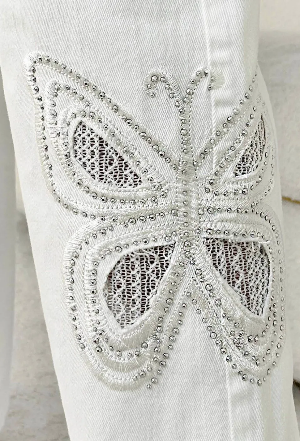 Flutter Effect White Butterfly Sparkling Stretch Straight Leg Jeans