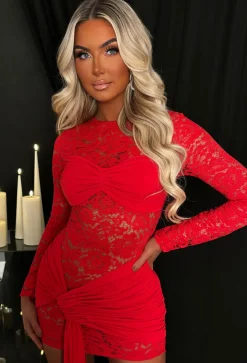 Follow Me Red Sash Front Lace Dress