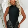 Forbidden Thrill Black Faux Leather Sash High Neck Dress