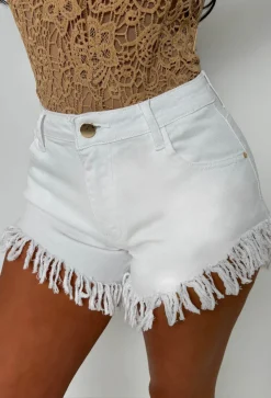 Frayed & Frantic White Stretch Frayed Cut Off Denim Shorts