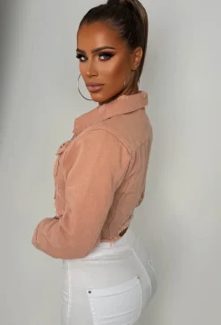 Frayed To See You Light Pink Stretch Cut Off Denim Jacket