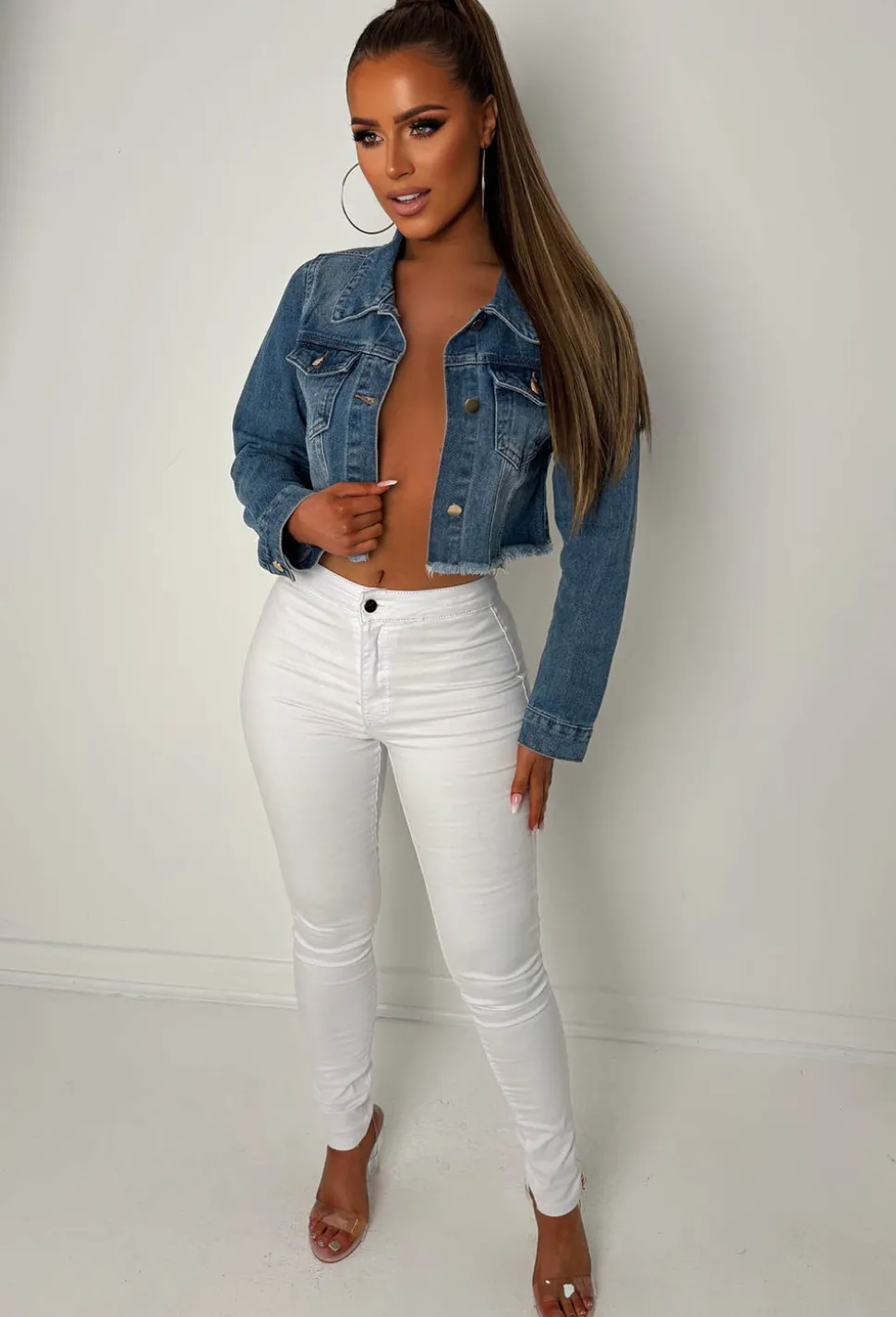 Frayed To See You Mid Blue Frayed Cropped Denim Jacket
