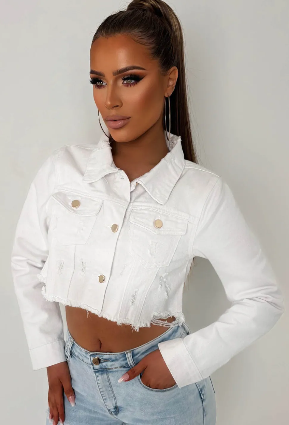Frayed To See You White Frayed Cropped Denim Jacket