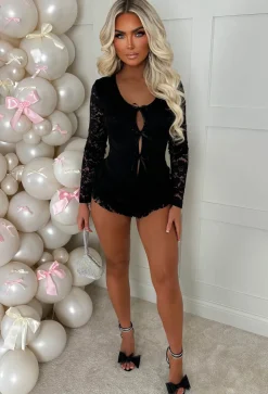 French Fancie Black Frilly Bow Front Backless Playsuit