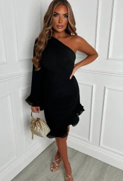 Frilled Senorita Black One Sleeve Ruched Frill Hem Mini Dress