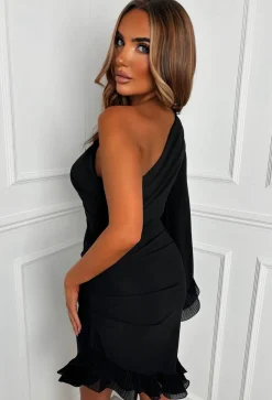 Frilled Senorita Black One Sleeve Ruched Frill Hem Mini Dress