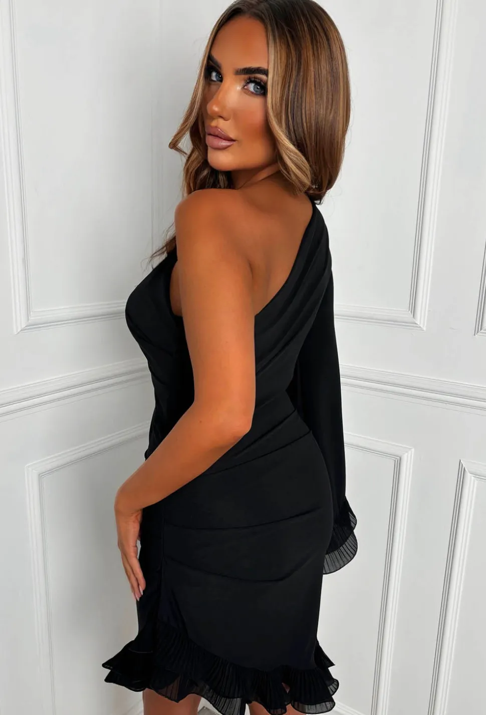 Frilled Senorita Black One Sleeve Ruched Frill Hem Mini Dress