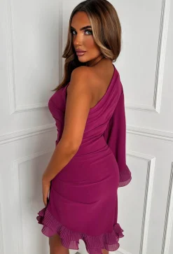 Frilled Senorita Plum One Sleeve Ruched Frill Hem Mini Dress