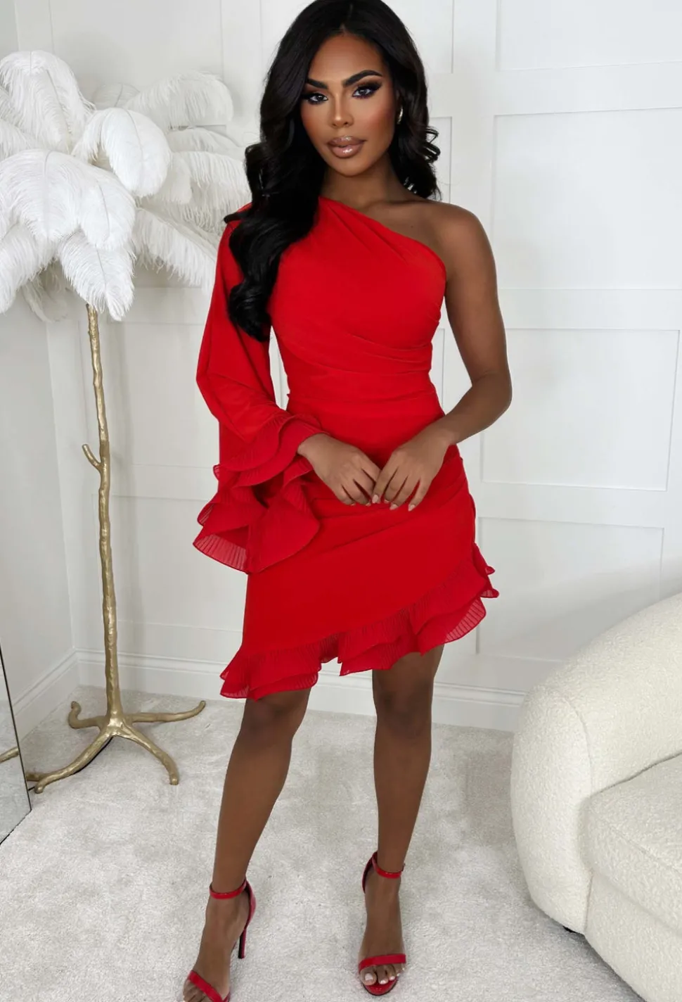 Frilled Senorita Red One Sleeve Ruched Frill Hem Mini Dress