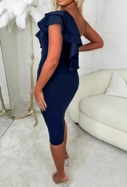 Frilling Affair Navy Stretch One Shoulder Frill Midi Dress