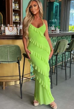 Frilling Temptation Green Frilled Lace Up Back Cami Maxi Dress
