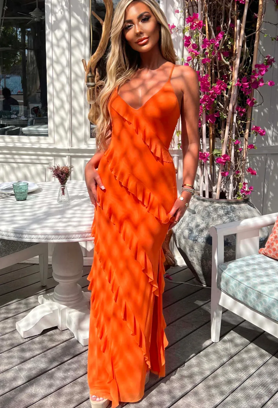 Frilling Temptation Orange Frilled Lace Up Back Cami Maxi Dress