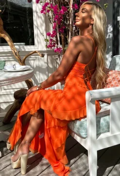 Frilling Temptation Orange Frilled Lace Up Back Cami Maxi Dress