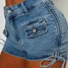 Gathered Up Mid Wash Stretch Denim Side Ruched Diamante Shorts