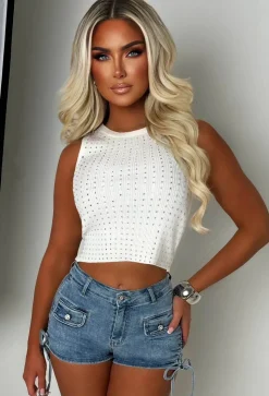 Gathered Up Mid Wash Stretch Denim Side Ruched Diamante Shorts