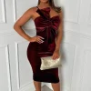 Gifted Red Stretch Velvet Bow Top Midi Dress