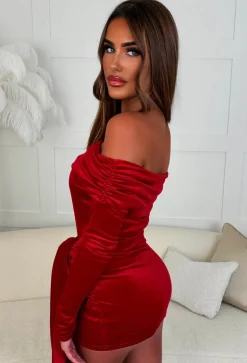 Ginny Red Velvet Tie Front Off The Shoulder Mini Dress