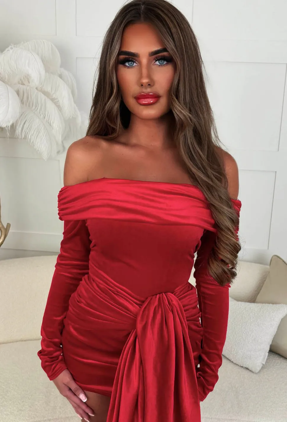Ginny Red Velvet Tie Front Off The Shoulder Mini Dress