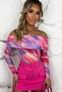 Girl In Love Pink Marble Print Mesh Stretch Bardot Top