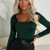 Girl Like Me Green Square Neck Long Sleeve Bodysuit
