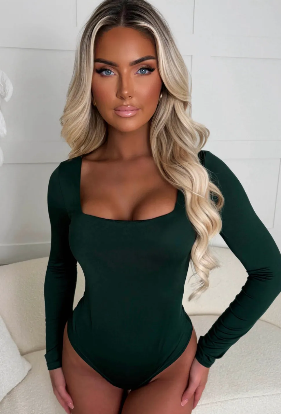 Girl Like Me Green Square Neck Long Sleeve Bodysuit