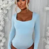 Girl Like Me Light Blue Square Neck Long Sleeve Bodysuit