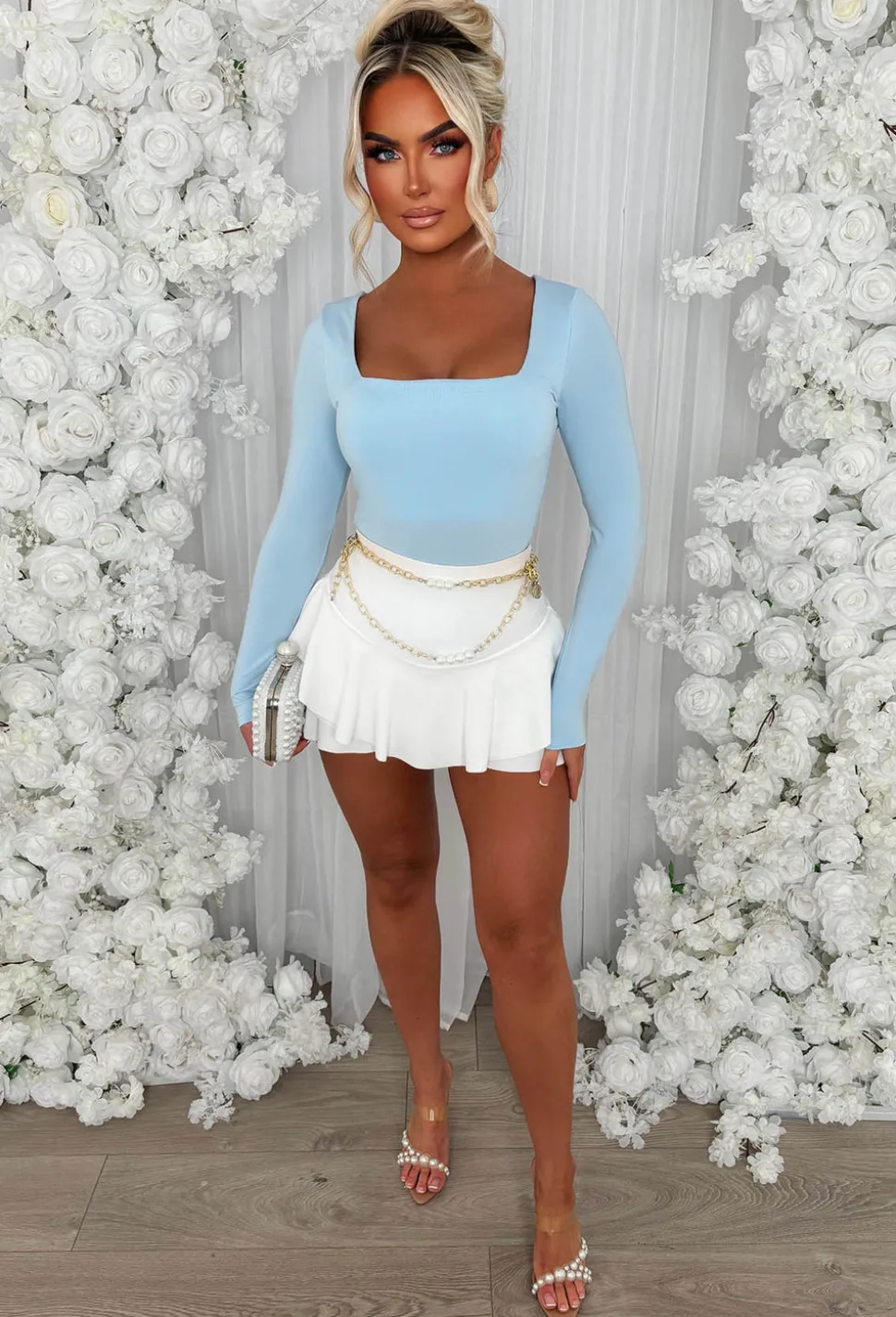 Girl Like Me Light Blue Square Neck Long Sleeve Bodysuit