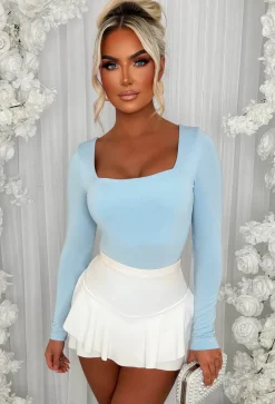 Girl Like Me Light Blue Square Neck Long Sleeve Bodysuit