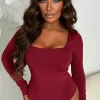 Girl Like Me Wine Square Neck Long Sleeve Bodysuit