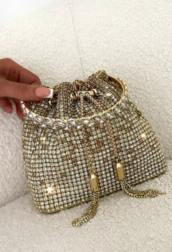 Glam Charm Gold Crystal Bucket Bag