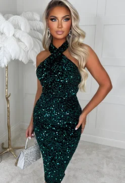 Glitzy Glamour Green Halterneck Sequin Dress
