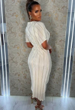 Golden Decade Cream Metallic Foil Stripe Plisse Midi Dress