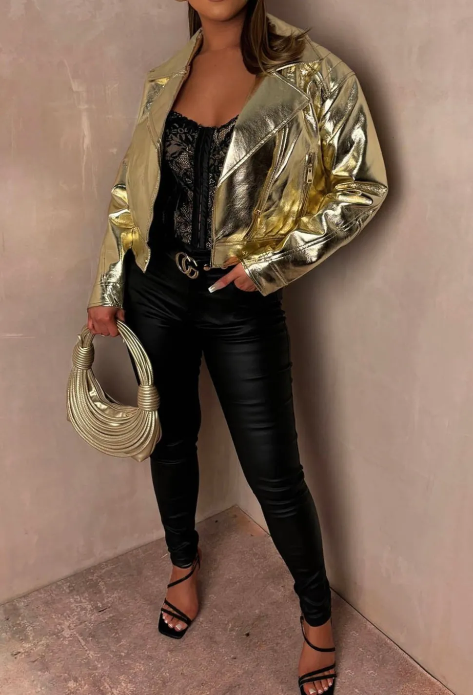 Golden Escape Gold Metallic Cropped Biker Jacket