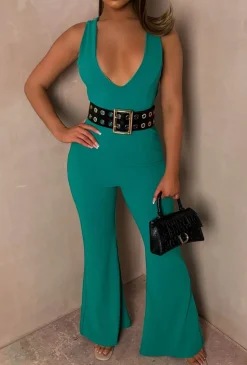 Got Flare Green Deep V Wide Leg Jumpsuit