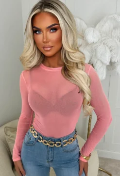 Hard To Miss Coral Sheer Mesh Bodysuit