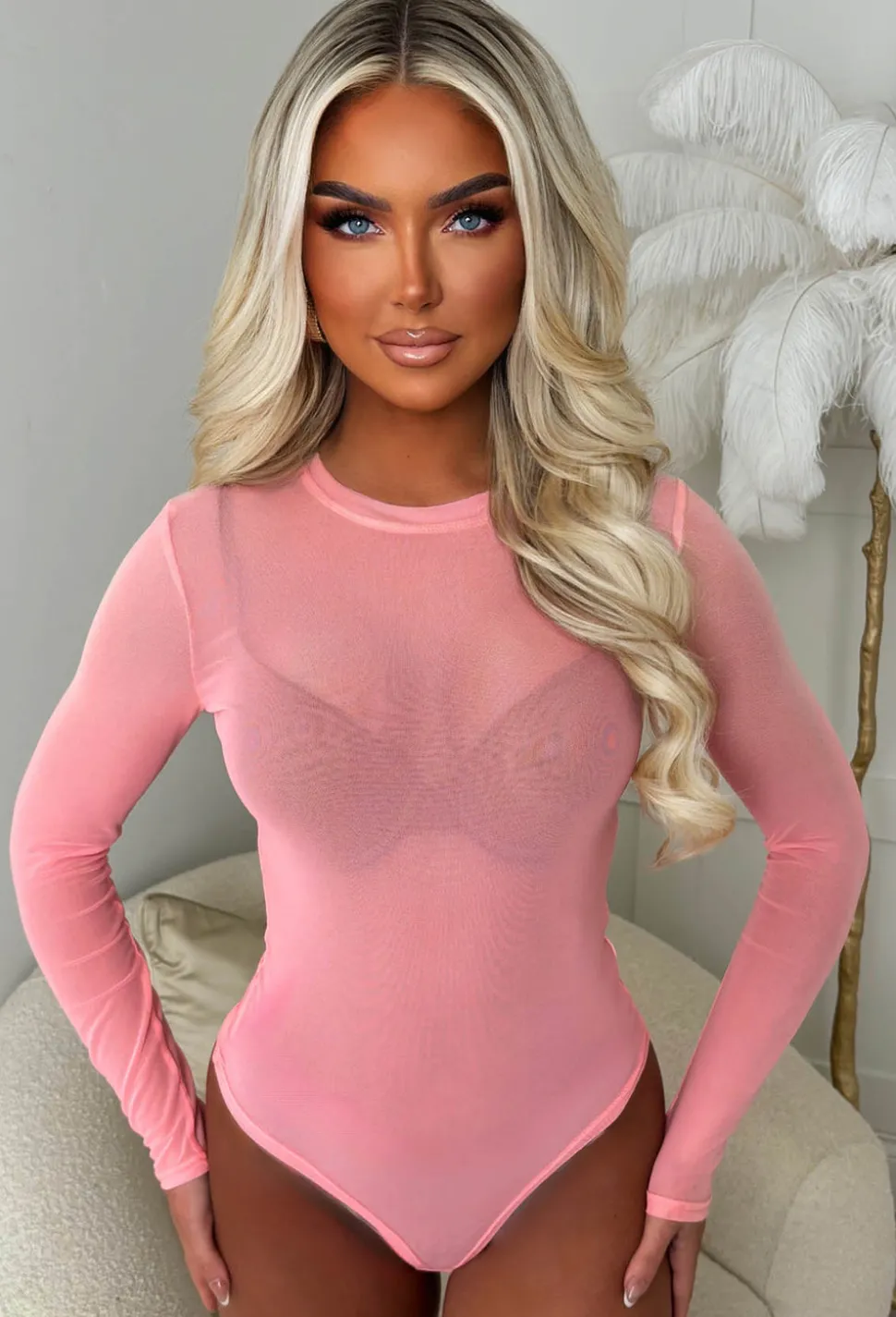 Hard To Miss Coral Sheer Mesh Bodysuit
