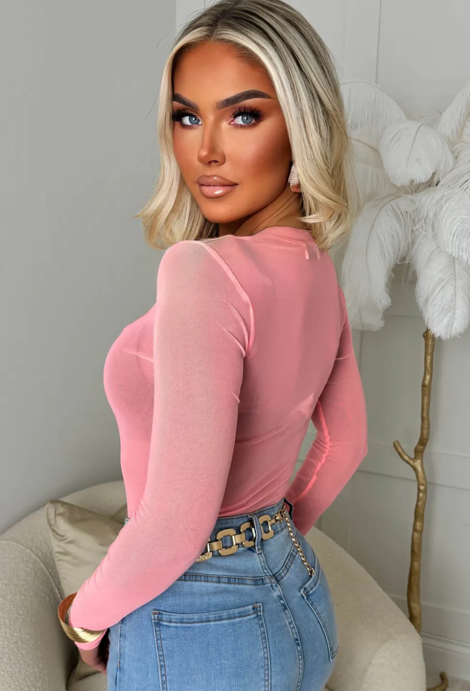 Hard To Miss Coral Sheer Mesh Bodysuit
