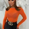 Hard To Miss Orange Sheer Mesh Bodysuit