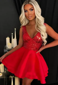 Heart Broken Red Sequin Multi Layer Skater Dress