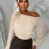 Heartbreaker Hue Beige Mesh Corsage Draped Bodysuit