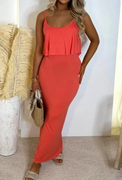 Heatwave Coral Super Soft Comfort Jersey Frill Maxi Dress