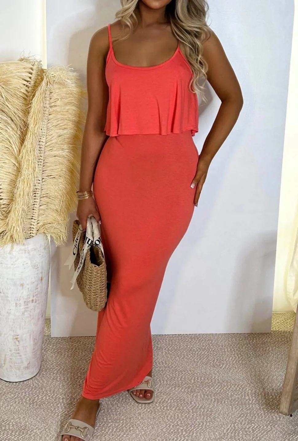 Heatwave Coral Super Soft Comfort Jersey Frill Maxi Dress
