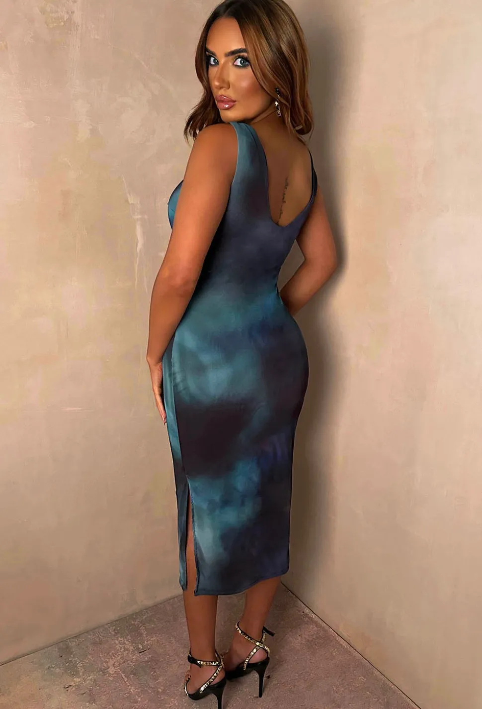 Hettie Blue Mesh Side Split Midi Dress