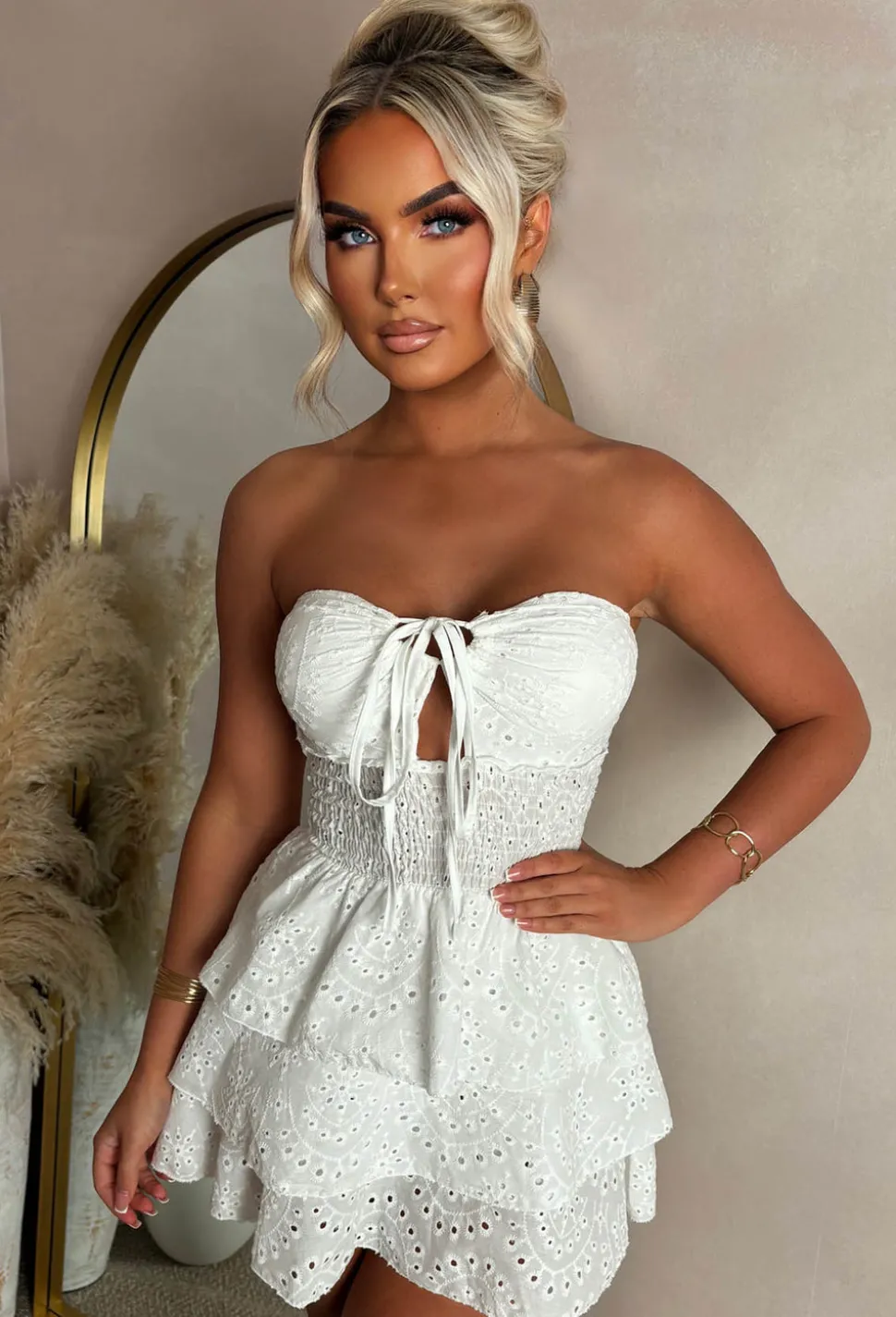 Holiday Tease White Tie Front Frill Broderie Anglaise Mini Dress