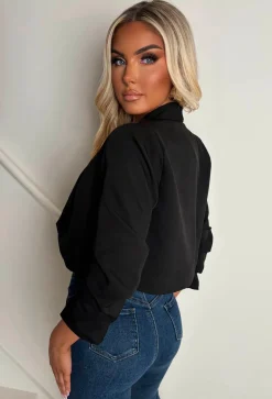 Iconic Black Shawl Neck Ruched Sleeve Cropped Blazer