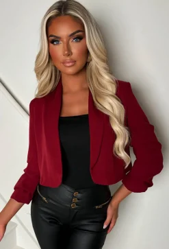 Iconic Cherry Red Shawl Neck Ruched Sleeve Cropped Blazer