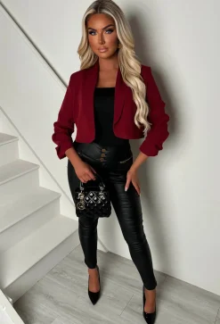 Iconic Cherry Red Shawl Neck Ruched Sleeve Cropped Blazer
